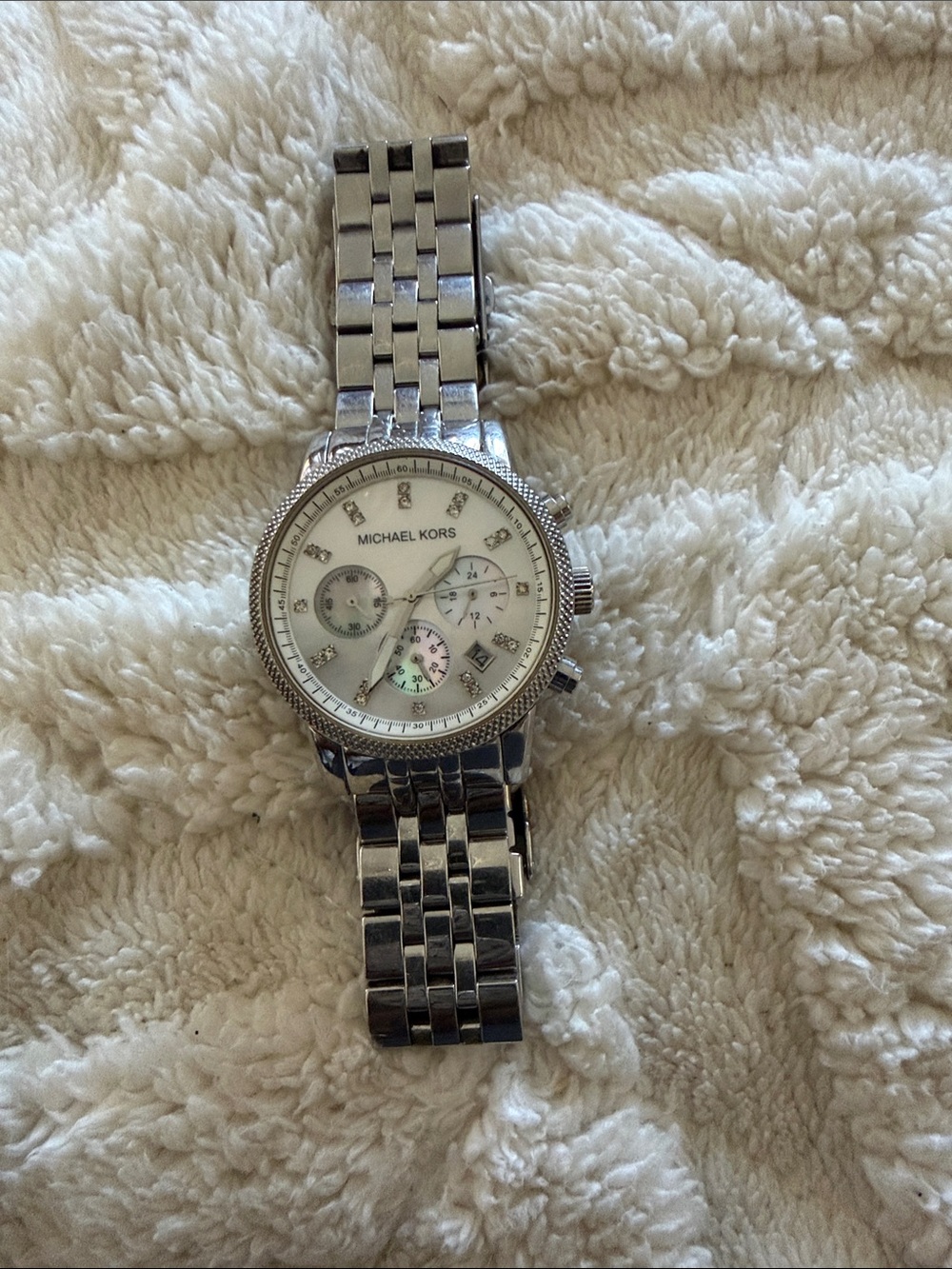 Michael Kors Silver and White Stainless Steel Chronograph Watch
